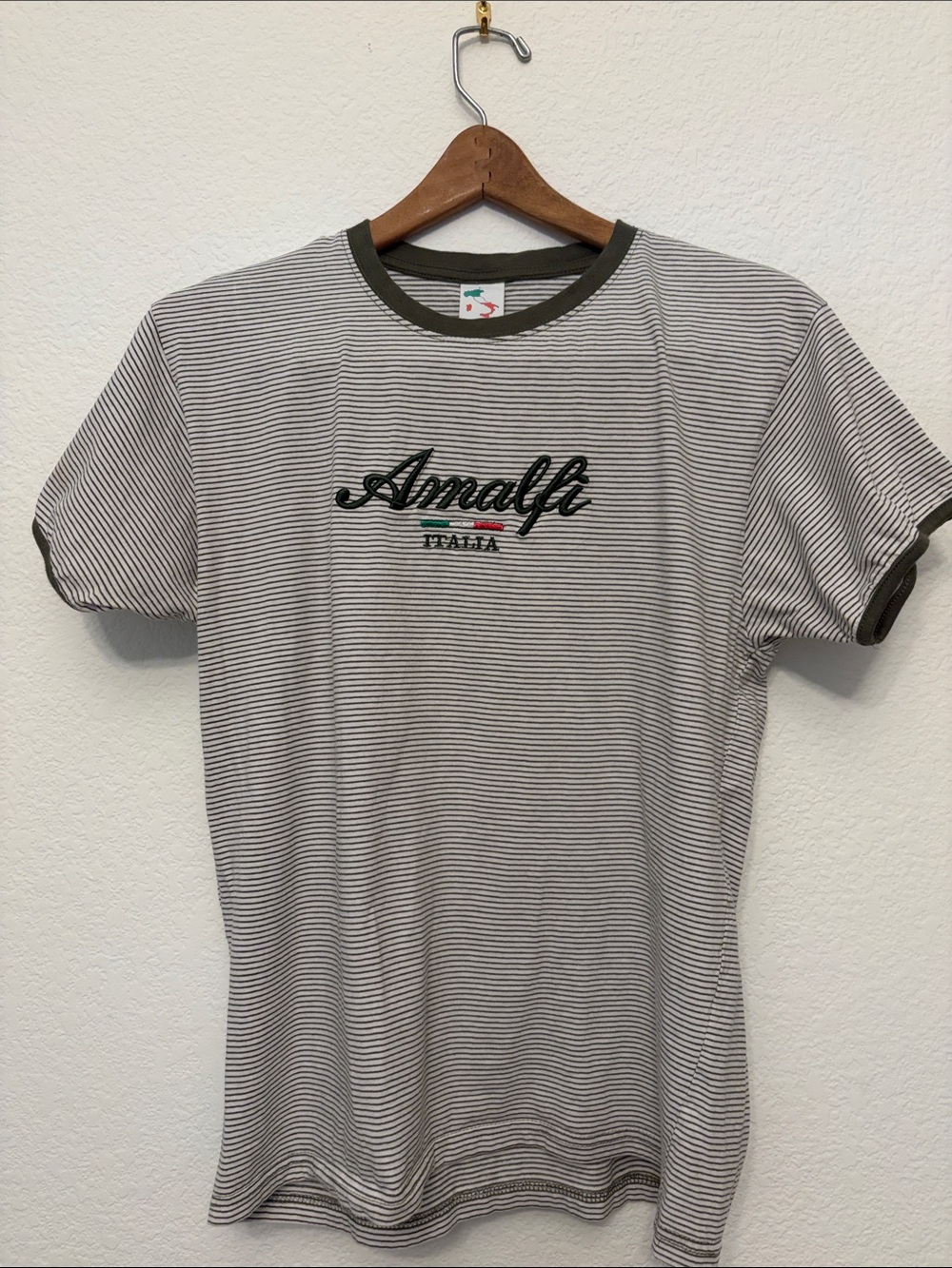 Amalfi Thin Black-and-White Striped Ringer Tee with Olive Trim